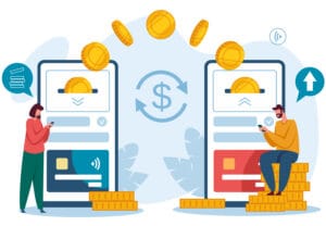 Two cartoon people demonstrating cash flow